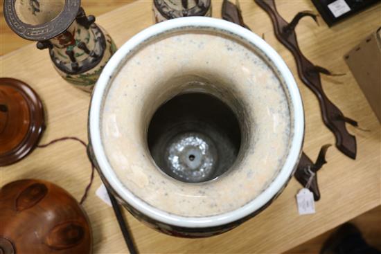 A large 19th century Japanese vase and a pair of smaller crackleware vases tallest 43cm (incl. stand)